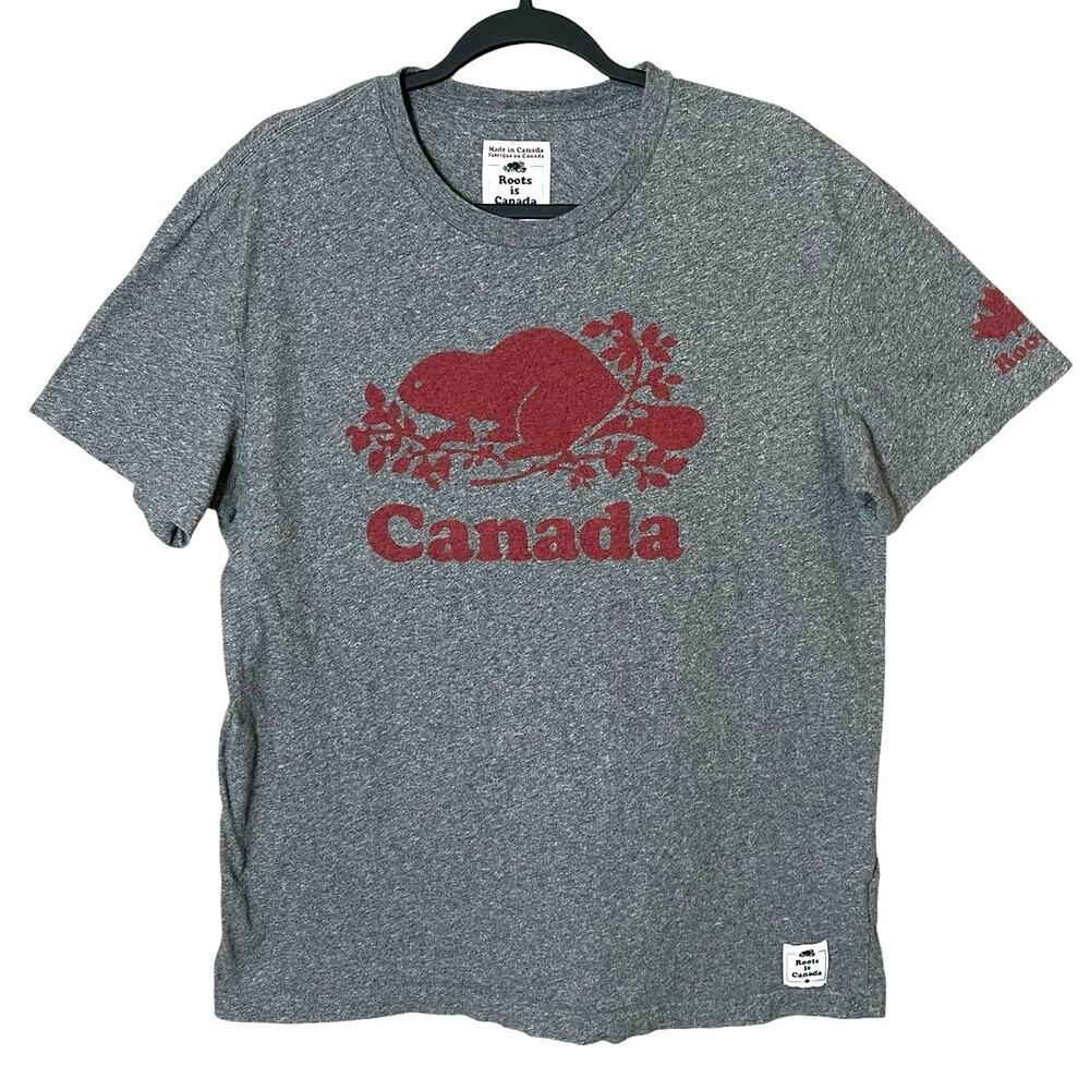 Roots Canada Beaver Logo Graphic T-Shirt Large Gray Gorpcore Cabin Cotton